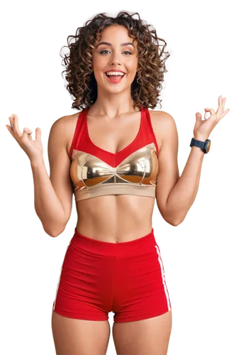 victorious woman, raising arms, smiling, confident expression, bright eyes, curly brown hair, glamorous makeup, red lips, golden trophy, sports jersey, athletic shorts, sneakers, dynamic pose, low-ang