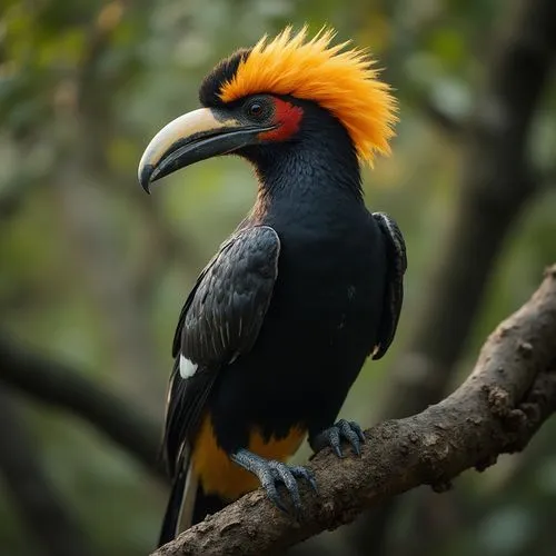 Close shot of a Great Hornbill (concave-casqued hornbill, great Indian hornbill) sits on a tree branch,a large bird with yellow hair is perched on a tree nch,hornbill,toucan perched on a branch,hornbi