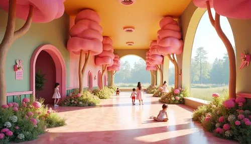 A vibrant ice cream factory with expansive, open areas and large, brightly colored walls. ice cream-shaped treesThe ceiling is decorated with ice cream horns,many trees, and large windows allow natura