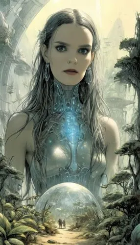 ((lineart|(COMIC ART))
,((COMIC ART) by
LUIS ROYO, (
Kate Beckinsale
 ) A huge futuristic glass dome housing a self-sustaining ecosystem). (((diverse flora and fauna)) thrive in carefully controlled e