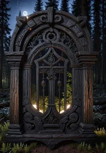 a very intricate entrance to the woods with light shining through it,wood gate,stone gate,iron gate,mausoleum ruins,farm gate,arbor,garden door,forest chapel,iron door,lychgate,gateway,wishing well,wo
