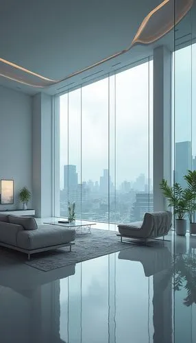 A futuristic living room with large windows overlooking the city, simplistic design, clean, glass walls, and floor-to-ceiling glass on one side of the room. The room features sci-fi concept art, conce