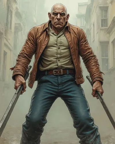 Horror protagonists, antagonists, ,the man in jeans and jacket holds two giant swords,renegade,kingpin,crossbones,action hero,angry man,red hood,janitor,wolverine,enforcer,brute,sci fiction illustrati