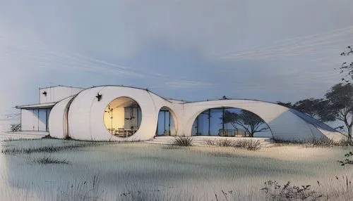 there is a drawing of a house in the sky,inverted cottage,futuristic architecture,dunes house,roundhouses,cube stilt houses,cubic house,straw hut,holiday home,round hut,round house,dog house,doghouses