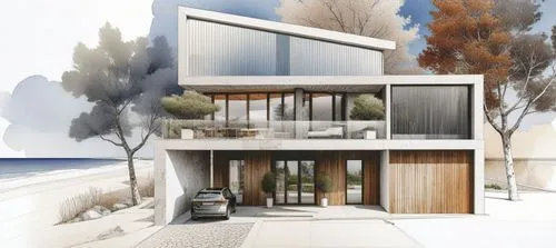a drawing of a modern home by the beach,modern house,dunes house,mid century house,house drawing,cubic house,modern architecture,winter house,smart house,inverted cottage,cantilevers,residential house