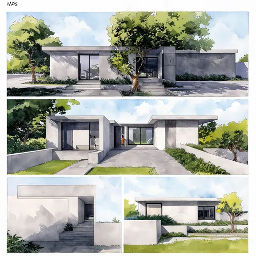 
A presentation sheet in watercolor style for a modern minimal duplex villa in style of tadao ando design. The sheet should include the following elements: floor plans, elevations, two sections, an is