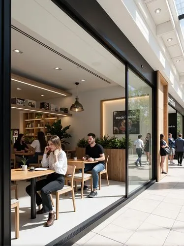 Front view of a display window in a shopping mall A photograph of the interior design and architecture of a modern coffee shop in a mall. The shop has tables for four people, with chairs for each tabl