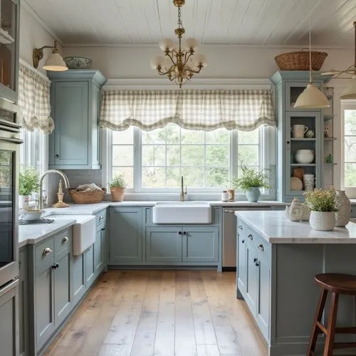 A serene indoor design emphasizing natural materials and a muted blue palette. The cabinetry in soft grey-blue tones is paired with rustic wooden flooring and a marble-textured island. A large window 