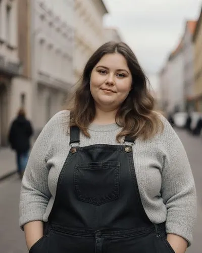 eine 23 jährige hübsche übergewichtige Estin in landestypischer Freizeitkleidung in einer mittelgroßen stadt in Estland. komplett angezogen,a woman in an overalls smiling at the camera,marketeer,woman
