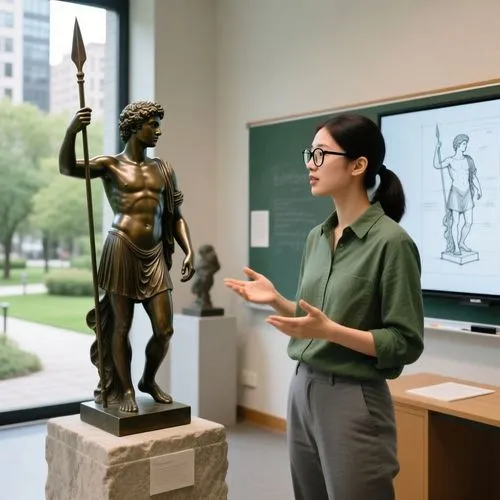 A young art historian with dark hair tied back, wearing glasses and a green-gray smart-casual outfit, discusses a classical bronze sculpture of a young man with a spear on a stone pedestal within a un