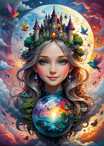 sunset  in the clouds, river sphere in the clouds, jigsaw puzzle, mosaic fading grey colors, infinite, alluring smile beauty lady, mural painted in the building, rainbow, birds,fantasy portrait,fairy 