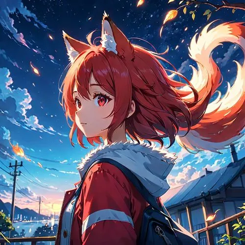 red kitsune girl,a girl in red is staring away from the camera with a cat's ears,fox,inari,inu,cute fox,kitsune,yukai,garden-fox tail,foxl,adorable fox,tokiko,inori,kasa,yuku,redfox,the red fox,vulpes