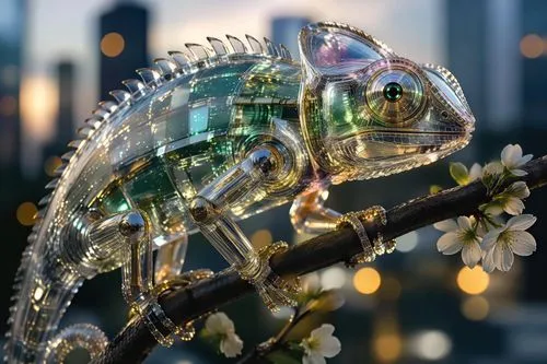 the chamelon is on the tree branch in front of city lights,glass yard ornament,glass sphere,glass ornament,glass decorations,glass ball,golden wreath,glass balls,flower ball,glass series,crystal ball-
