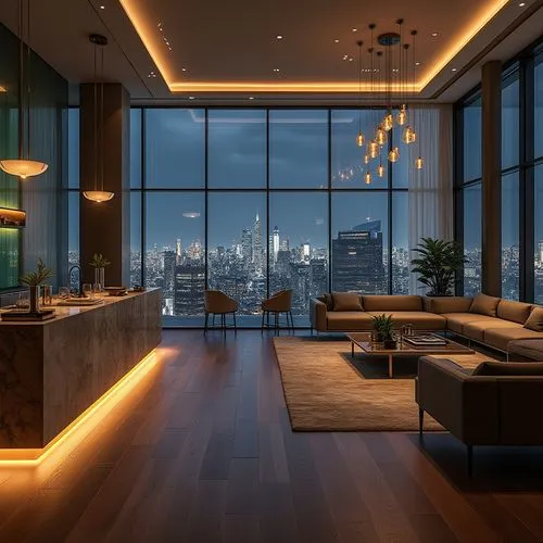 Luxurious penthouse interior, high-rise city views, floor-to-ceiling windows, sleek modern furniture, marble countertops, metallic accents, soft warm lighting, ambient shadows, 3/4 composition, shallo