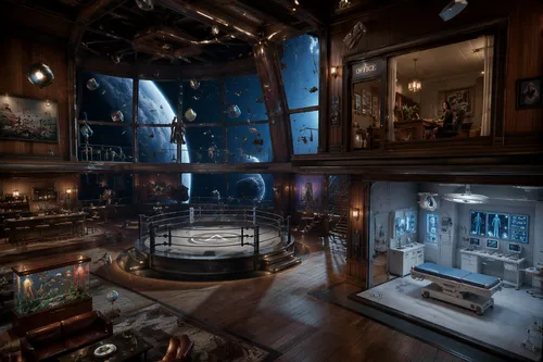large place with a small arena and a medical room, things floating in the air, petit bureau avec une belle secrétaire au deuxième étage, murs en bois, grandes fenêtres intérieures
,this is an image of