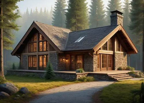 Northwest architecture, modern villa, stone walls, wooden beams, sloping roof, large windows, rustic door, surrounded by tall trees, forest environment, misty morning, soft natural light, 3/4 composit