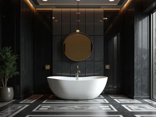 A sophisticated and modern indoor design with a monochromatic palette of deep blacks and whites. The walls are covered in sleek black tiles with a glossy finish, creating a dramatic contrast with the 