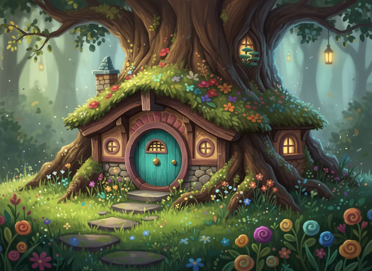 एक आरामदायक काल्पनिक चित्रण का क्लोज-अप शॉट, जिसमें एक छोटे से घर पर जटिल विवरण और चित्रित घास और फूलों की बनावट पर प्रकाश डाला गया है।