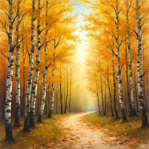 Осенний лес, ярко-жёлтая листва, берёзки — настоящая акварель.,an oil painting of a path between two trees,birch alley,autumn landscape,autumn forest,forest road,autumn trees,birch forest,Conceptual A