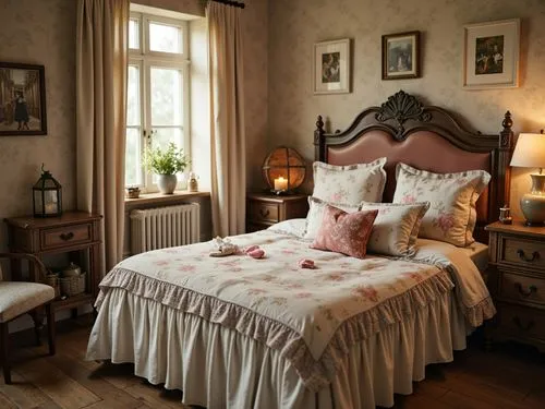 Distressed vintage fabrics, soft pastel hues, floral patterns, lace trims, ruffled duvets, velvety textures, ornate wooden furniture, antique metal accents, aged leather straps, faded romantic prints,