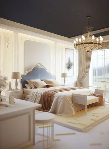 a white bedroom with a fancy chandelier in it,bedrooms,ornate room,luxury home interior,modern room,white room,sleeping room,bedroom,great room,render,interior decoration,roominess,interior modern des