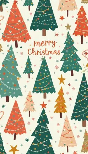 A playful Christmas wallpaper featuring Christmas trees, styled with bright and colorful tones, evoking a festive and cheerful atmosphere.,a pattern of trees is featured in this christmas card,waterco