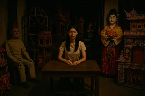 an image of a person with a doll sitting in front of them,dollhouses,doll's house,proprietress,miniaturist,the little girl's room,game illustration,fortune teller,consulting room,dollhouse,examination