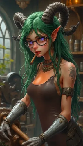 a woman with green hair and horns smoking a cigarette,tira,brewmaster,wra,innkeeper,shadrake,daggar,elona,skaven,barista,barranger,uriri,fey,wood elf,librarian,barmaid,blacksmith,nissa,valla,mara,vier