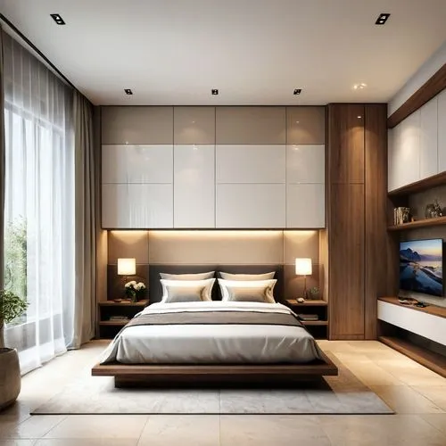 This room exemplifies minimalist aesthetics with its clean lines and neutral colors. The use of tile flooring for the floor and the wardrobe complements the overall warm and inviting ambiance of the s