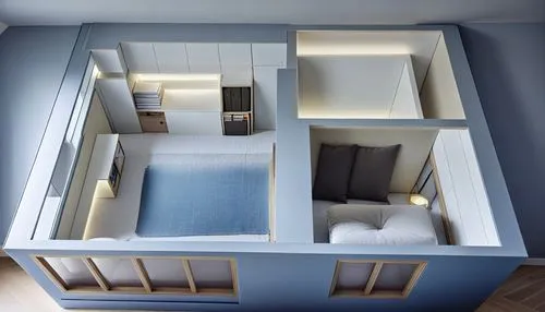 this small room is shown with two rooms,sky apartment,compartmented,schrank,cubic house,compartments,inverted cottage,foldaway,bookcase,cube house,walk-in closet,drawers,bookcases,bunkbeds,an apartmen