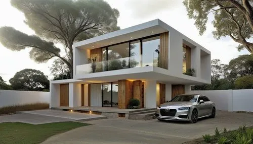 a white modern house with a car in the driveway,modern house,luxury home,modern architecture,cube house,luxury property,modern style,cubic house,dunes house,crib,3d rendering,beautiful home,dreamhouse