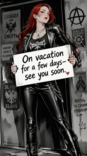 Manga style:

Sasha, a woman of Slavic descent in her thirties, 1.68m tall, with small pointed ears, long scarlet hair, red eyes, and an athletic build.
She is wearing a black leather jacket, a black 