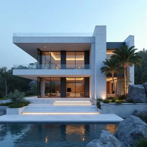A hyper-realistic, high-resolution architectural photograph capturing a grand, ultra-modern luxury mansion at twilight. The building’s façade is composed of smooth white stone panels contrasted with s