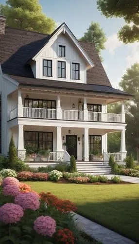 American house, modern farmhouse, two-story, white walls, black windows, gabled roof, wooden door, porch with pillars, green lawn, flower beds, blooming flowers, sunny day, soft lighting, 3/4 composit