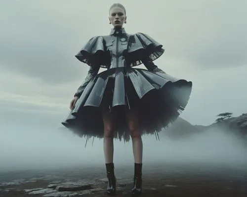 Fashion imagery ,Alexander Mcqueen vinyl outfit, Vogue Italia by Steven Klein
,a woman in a short dress standing on rocks,allude,stilted,crystallize,automaton,imperial coat,windproof,tulle,couturiers,