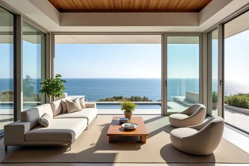 Design stunning glass-walled retreats harmonizing nature with modern elegance.,living room with a table, couches, and chairs overlook the ocean,oceanfront,beach house,ocean view,window with sea view,p