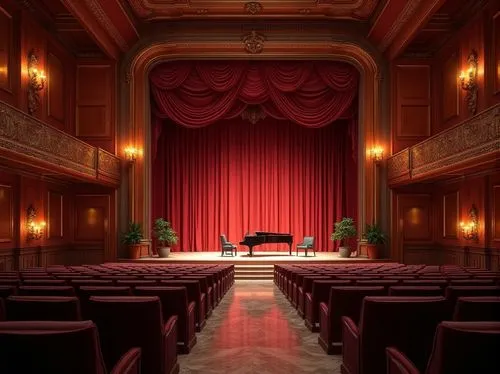 Intimate performance venue, luxurious velvet curtains, rich wood paneling, polished marble floors, ornate chandeliers, plush audience seating, elevated stage platforms, professional sound systems, aco