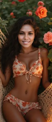 Mujer ebony. (Generar el rostro idéntico al de la imagen suministrada cómo textura: 1.3),a beautiful young woman laying on a hammock in flowers,hula,polynesian girl,topanga,rosa bonita,matondkar,guela