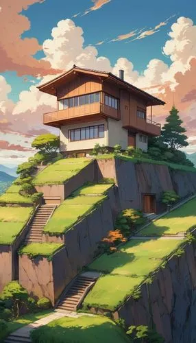 A detailed oil painting: a modern, minimalist house with four floors, brown wood, and a sloped roof, stands on a gentle slope. The warm-hued hill and greenery add warmth, while the composition's symme