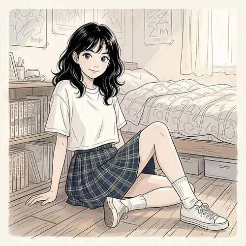 A captivating anime-style portrait of a wide-eyed young woman, rendered in ethereal line art. She wears a cropped t-shirt, her midriff exposed, a pleated plaid skirt, white socks with sneakers. Her bl