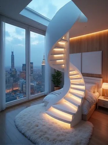 overhead photo, bird's eye view, at night, a white, modern-style spiral staircase is in the center of the bedroom. there is an led light strip around each step that lights up when walking on it. there