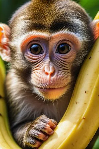 A monkey is peeking from a banana,a little monkey with big eyes sitting on a bunch of bananas,monkey banana,baby monkey,primate,mangabey,macaca,monkeying,banane,barbary monkey,nangka,macaco,primates,m