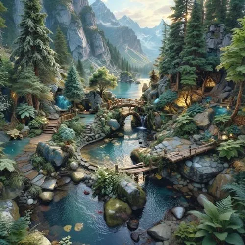 an artist's painting of a mountain creek with trees and other wildlife,river landscape,a river,mountain river,oasis,fantasy landscape,lagoon,a small waterfall,cave on the water,elves country,diorama,m