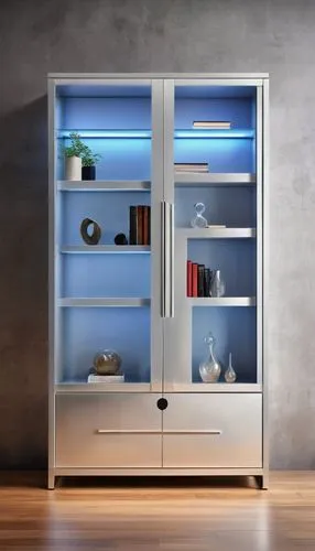 Modern, luxurious, architectural storage cabinet, sleek metal frame, frosted glass door, silver handle, LED lighting, interior shelves, wooden floor, minimalist background, empty space, 3/4 compositio