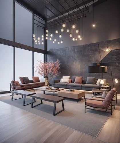 Architecture design,a well decorated living room with large windows,modern living room,loft,lofts,modern decor,modern minimalist lounge,apartment lounge,Photography,General,Realistic