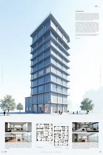 A professional architectural presentation board with a Pure background and a clean, minimalist design layout. The board includes:

Top Section: On the top left, a photorealistic render of a contempora