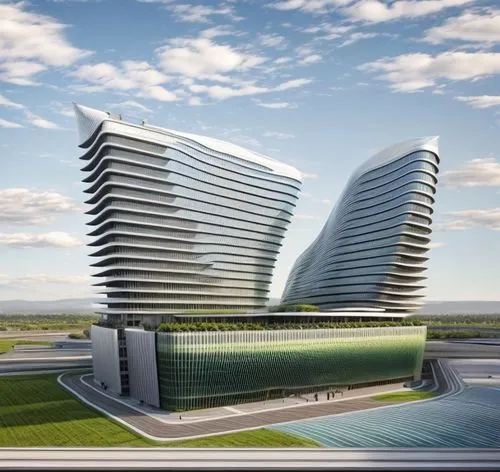 aerial view,distant shot,office building mid rise,commercial building complex,Curved style,Futuristic style,norman foster style,,modern facade,vertical frame,streets,plaza,commercial atmosphere,sidewa