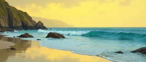 An intricate digital illustration captures the beauty of a seascape at spring. The golden hues of the land, with its gentle waves, become a mysterious blur on the water's surface, framed by an overcas