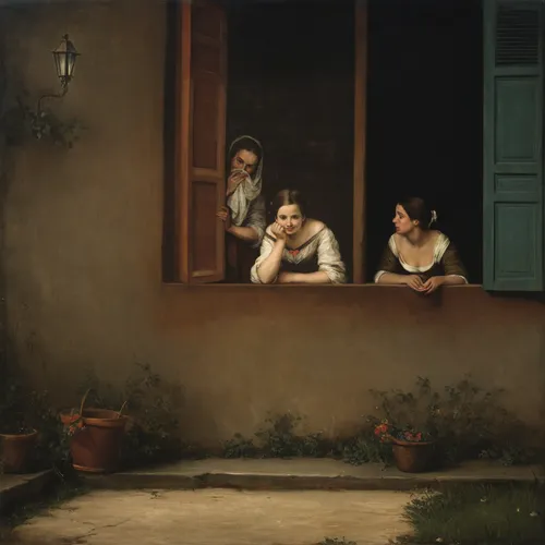 1670 oil painting by Bartolomé Esteban Murillo, two women are looking at the yard,children studying,bouguereau,bougereau,woman house,young couple,the listening,idyll,women at cafe,courtship,asher dura