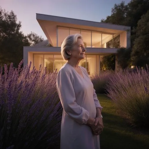 Cinematic architectural photography of a near-fantastical modern house integrated with nature, glowing soft warm light, surreal lush gardens with oversized lavender and glowing flora, ethereal atmosph